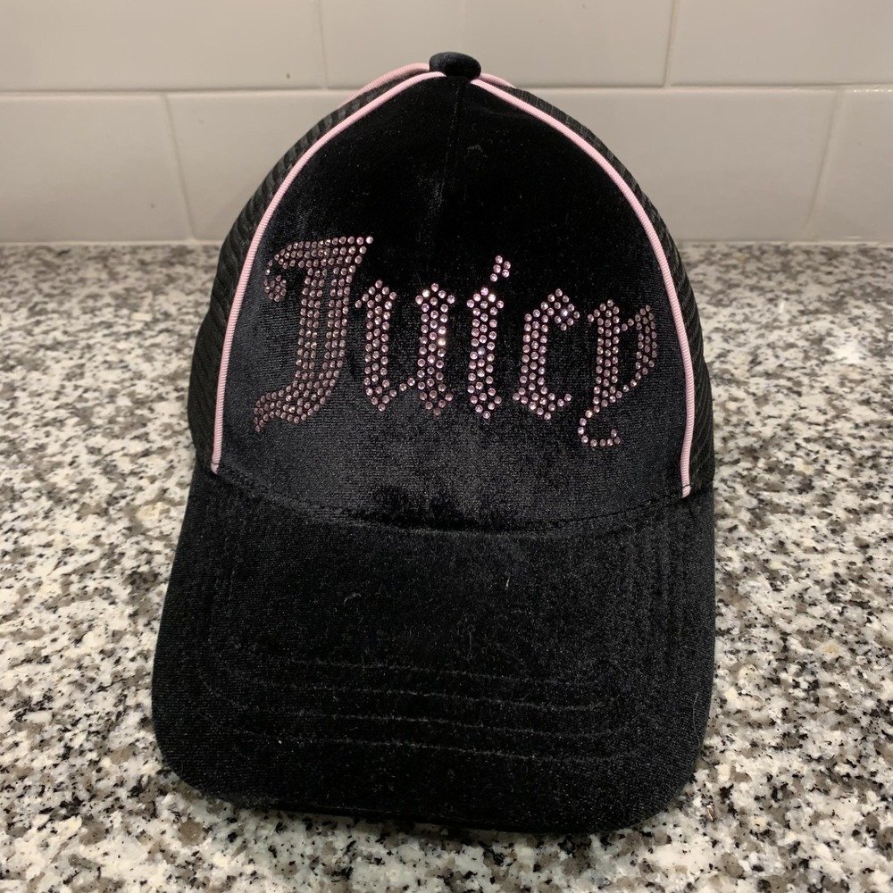 Juicy Couture Hat Cap Strap Back One Size Black‎ Velour Rhinestone Womens Y2K